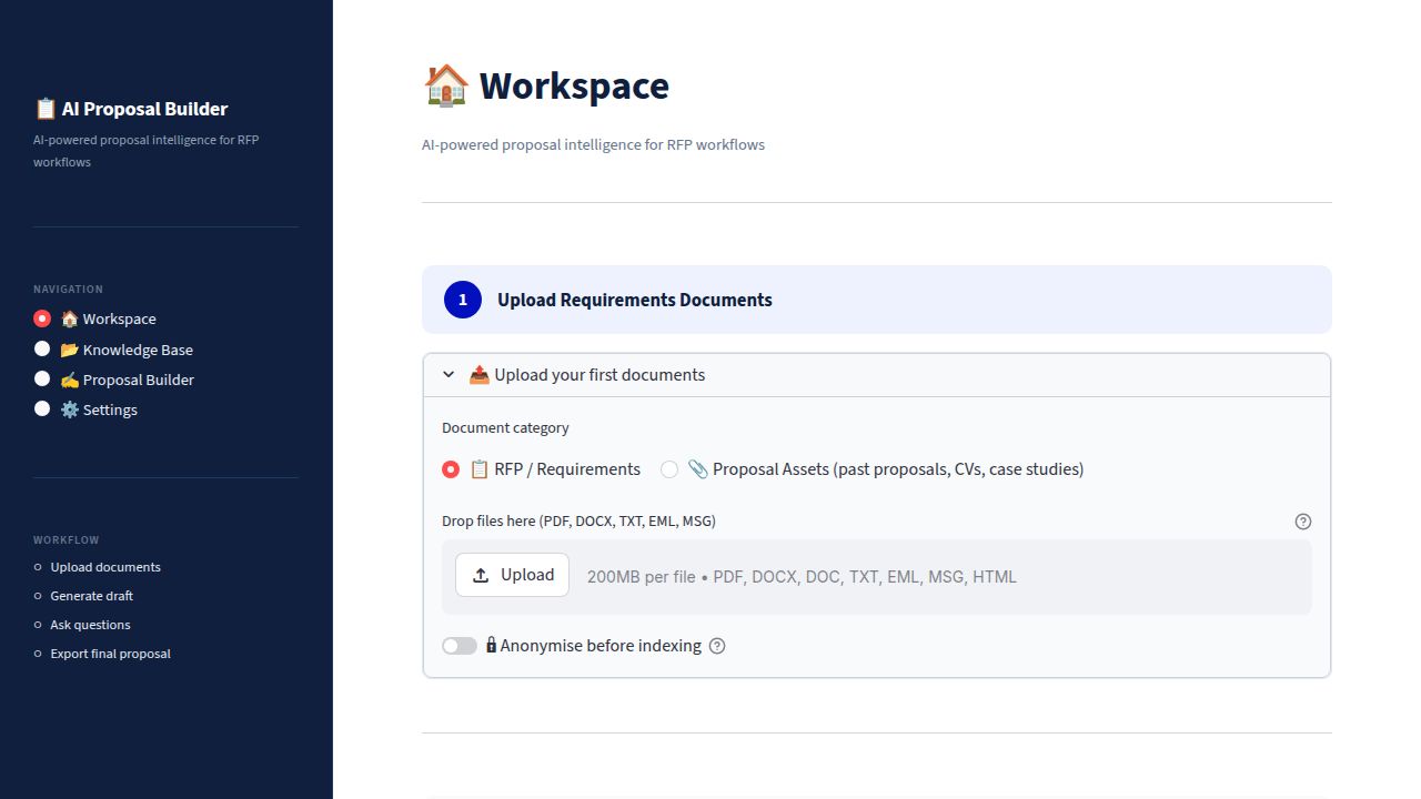 AI Proposal Builder workspace showing document upload and proposal workflow navigation
