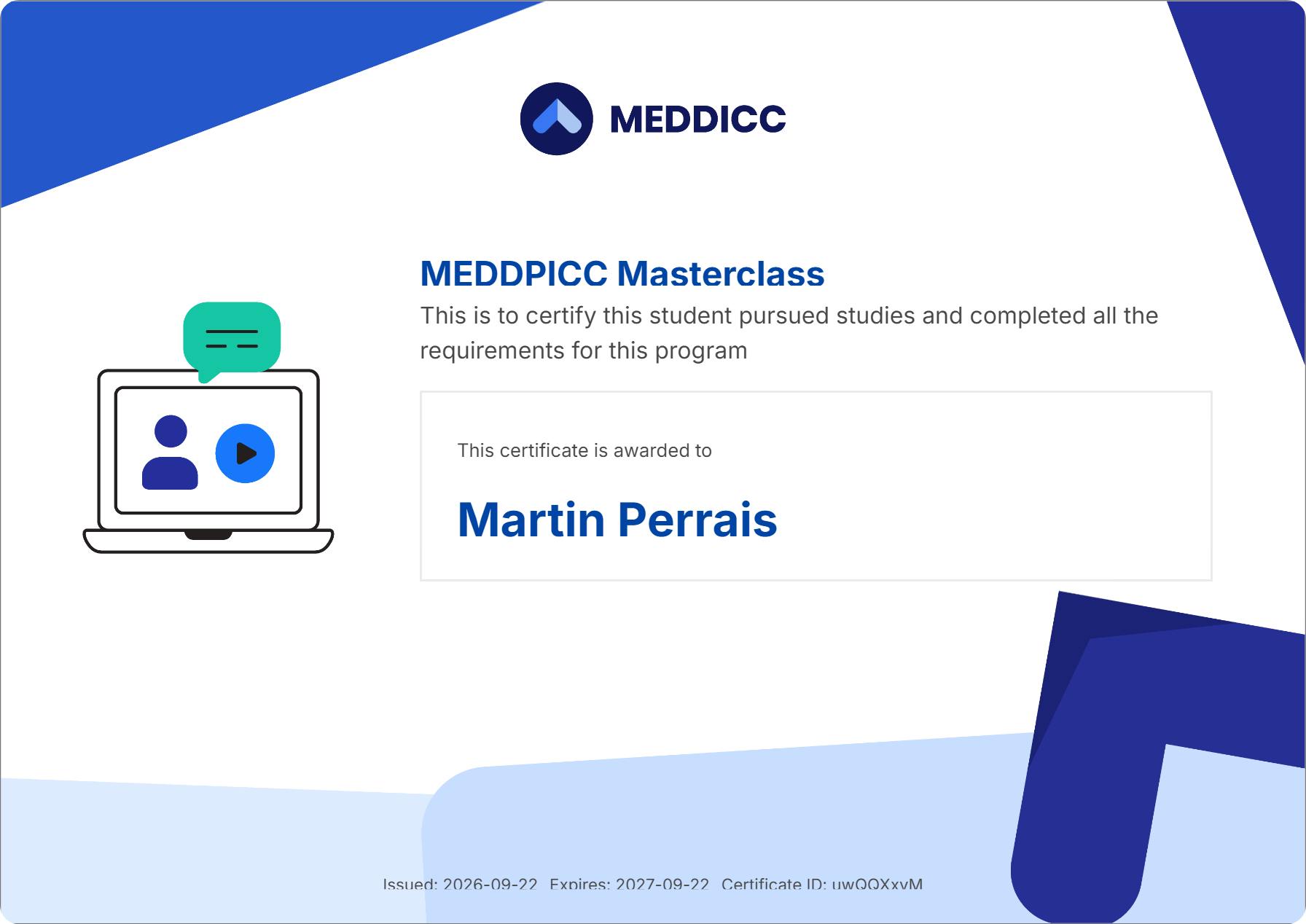 MEDDPICC Masterclass certificate awarded to Martin Perrais in September 2026