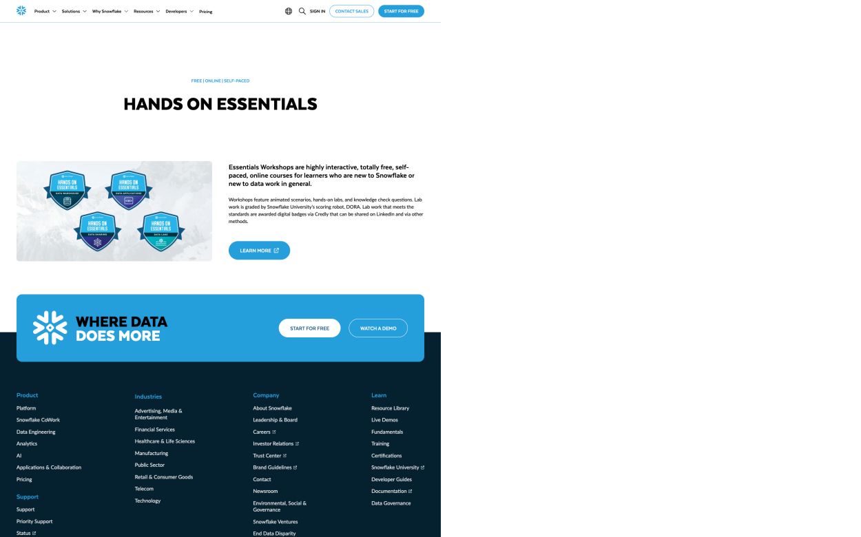 Snowflake Hands On Essentials learning page with self-paced workshops